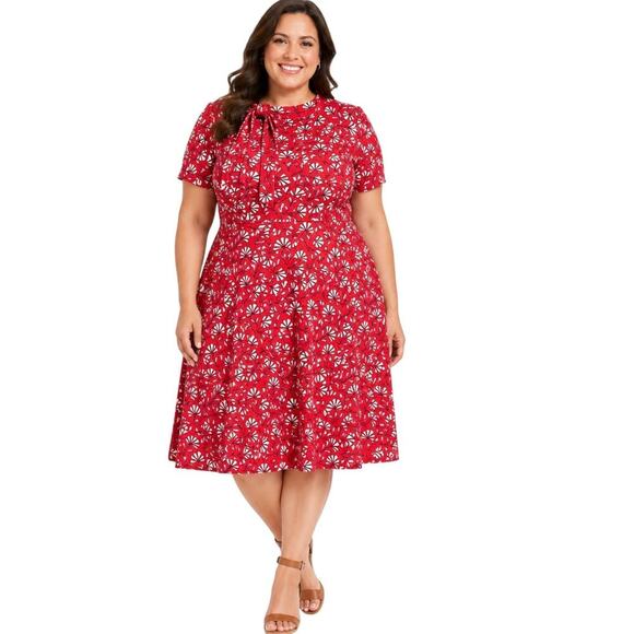 London Times Dresses & Skirts - London Times Red Tie Neck Floral Abstract Midi Dress Women's Plus Size 20W